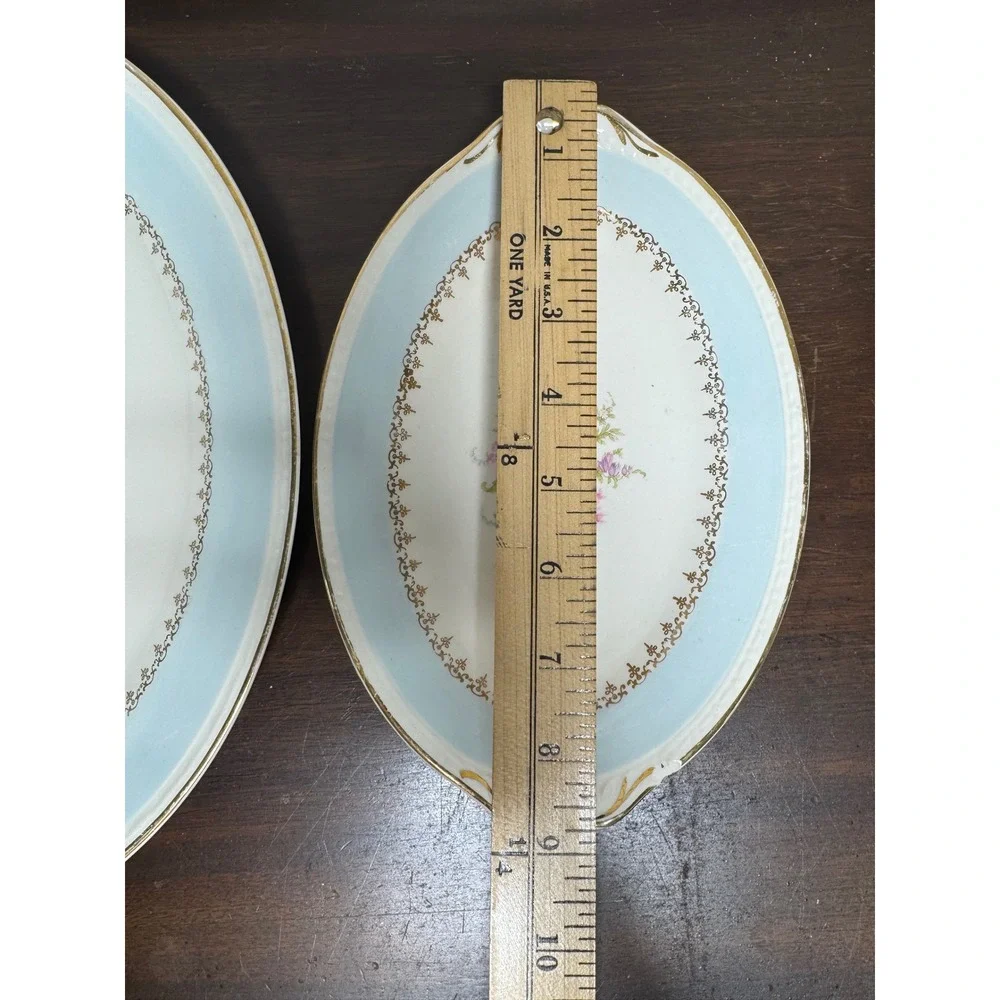 Vintage Floral Oval Serving Platter Set Blue Gold Gilt Scalloped Edge 2 Piece